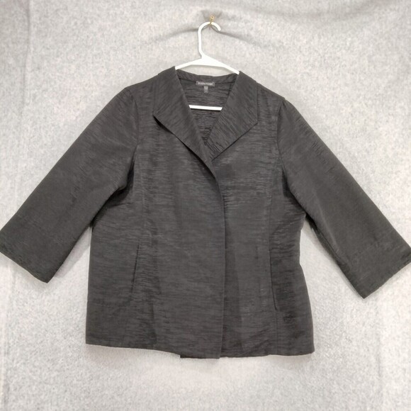 Eileen Fisher Dinner Blazer Womens Sz L Black 3/4 Sleeve Solid Open Front Fitted - Picture 1 of 13